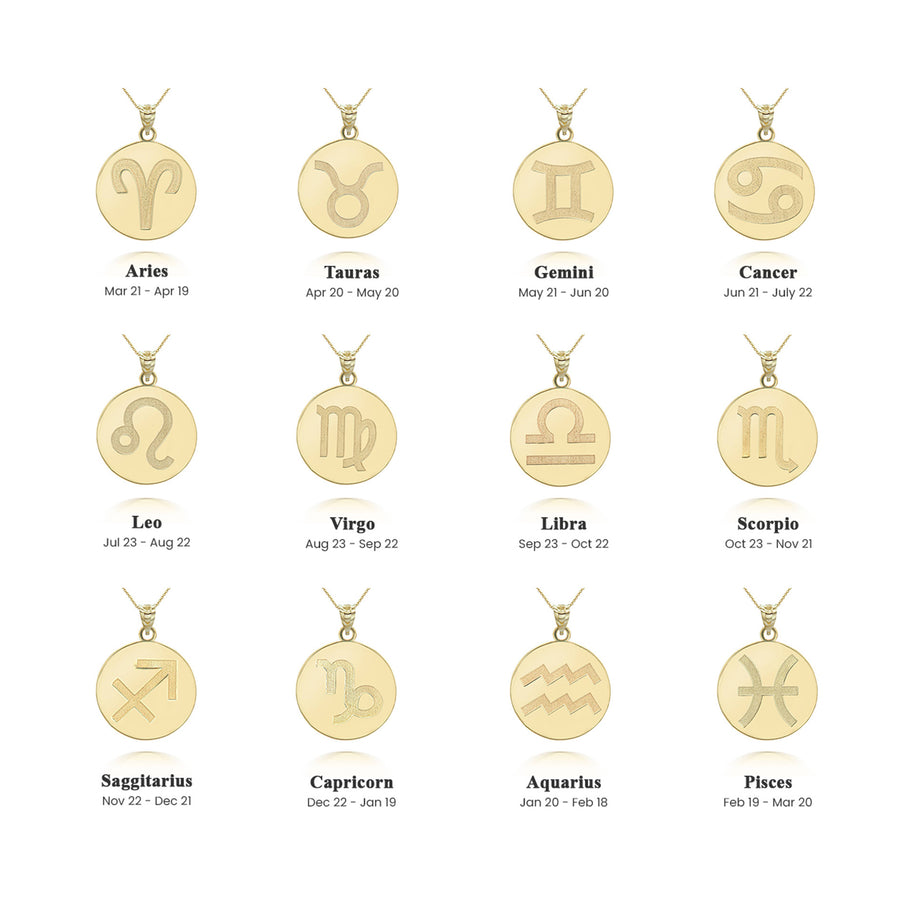 Gold Custom Satin Finish Zodiac Sign Engravable Coin Pendant Necklace (Available in Yellow/Rose/White Gold)