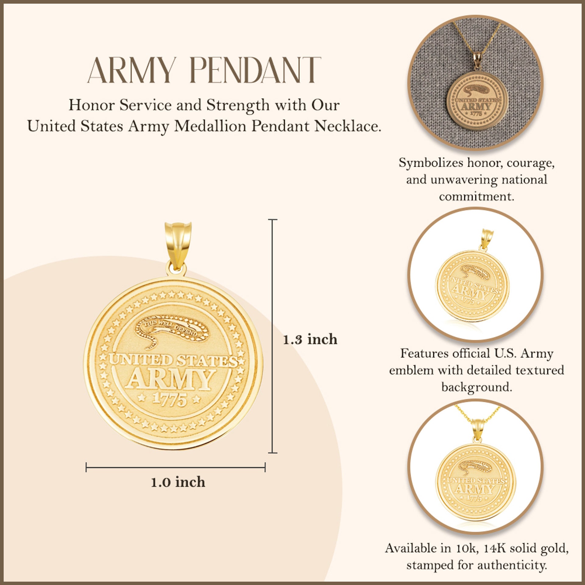 Yellow Gold United States Army Medallion Pendant Necklace