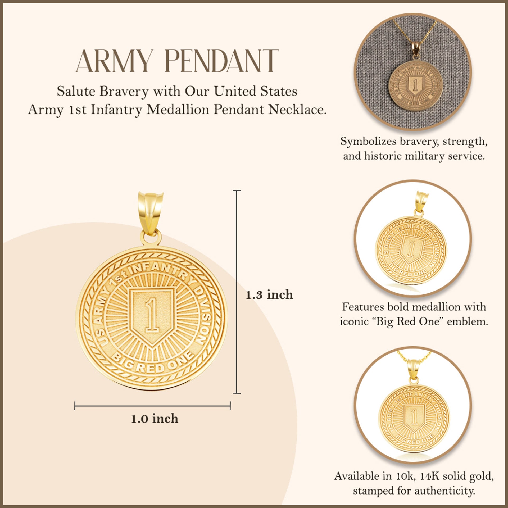 Yellow Gold United States Army 1st Infantry Medallion Pendant Necklace