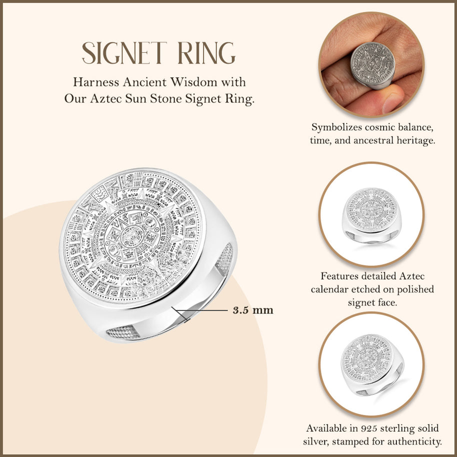 .925 Sterling Silver Aztec Sun Stone Signet Ring
