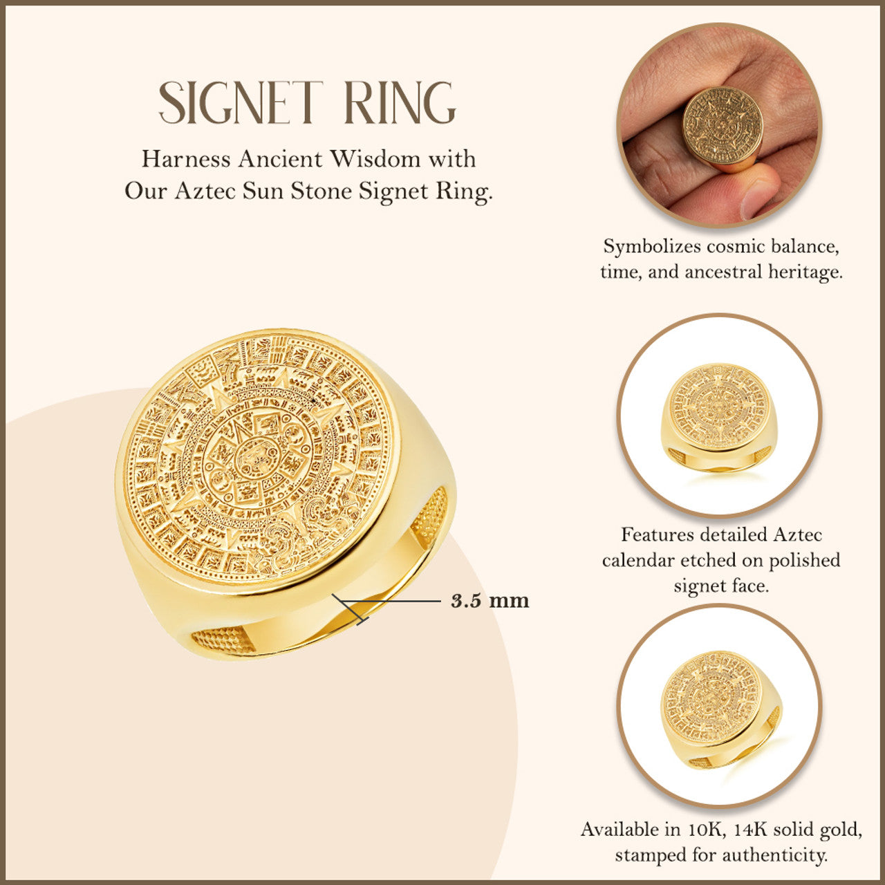 Yellow Gold Aztec Sun Stone Signet Ring