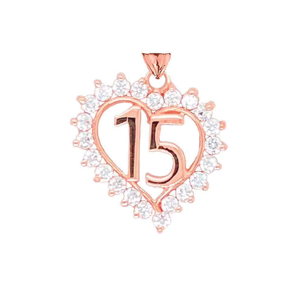 Gold Studded Cubic Zirconia Heart 15 Años Quinceañera Pendant Necklace (Available in Yellow/Rose/White Gold)