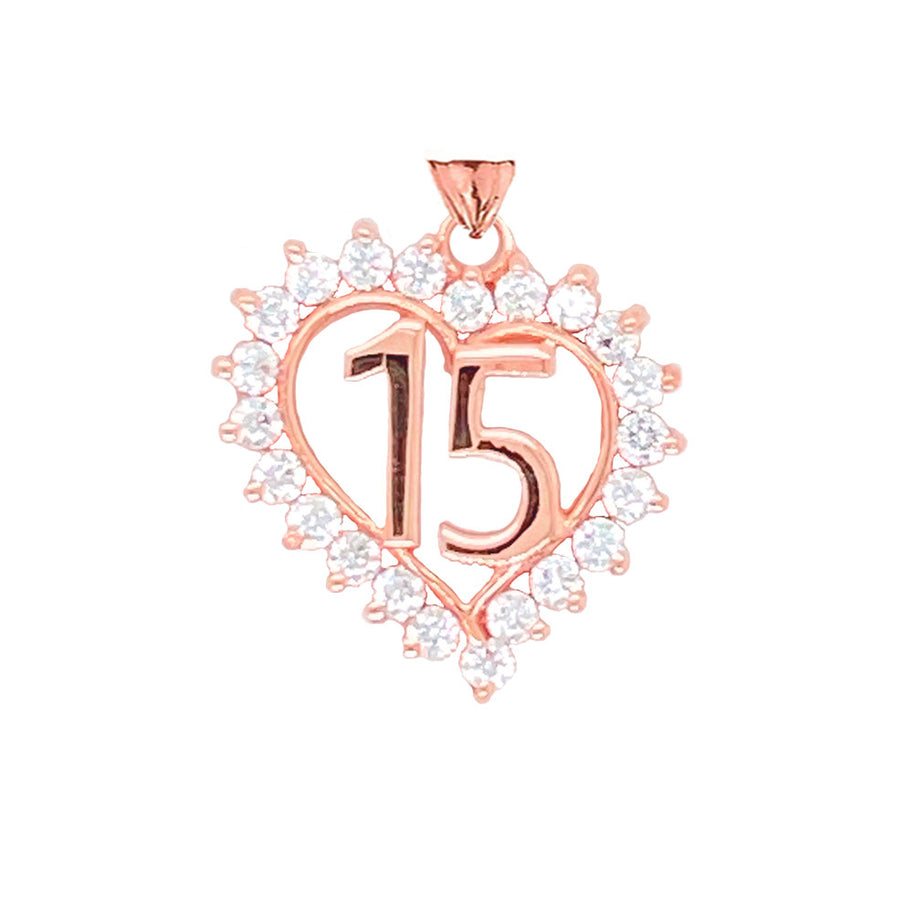 Gold Studded Cubic Zirconia Heart 15 Años Quinceañera Pendant Necklace (Available in Yellow/Rose/White Gold)
