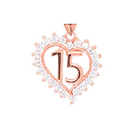 Gold Studded Cubic Zirconia Heart 15 Años Quinceañera Pendant Necklace (Available in Yellow/Rose/White Gold)