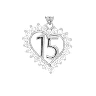 .925 Sterling Silver Studded Cubic Zirconia Heart 15 Años Quinceañera Pendant Necklace