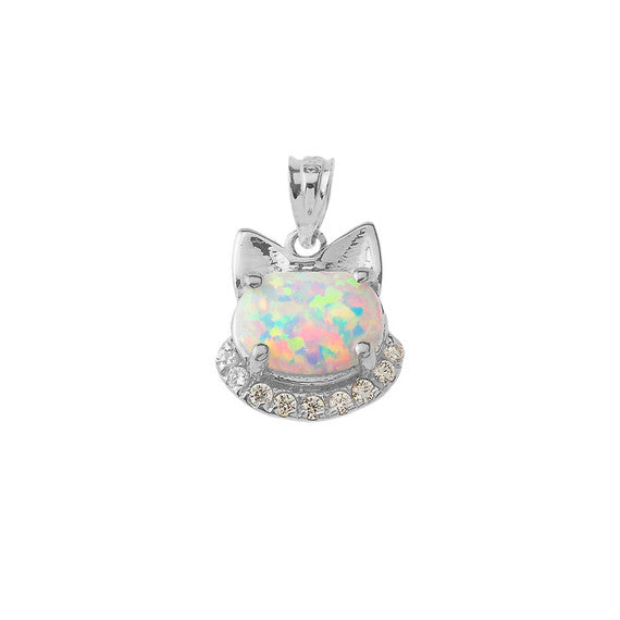 Simulated Opal kitty Pendant Necklace in Sterling Silver