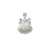 Simulated Opal kitty Pendant Necklace in Sterling Silver
