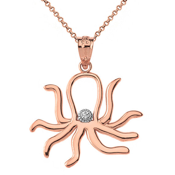 Solid Gold Octopus Outline Solitaire Pendant Necklace (Available in Yellow/Rose/White Gold)