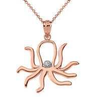 Solid Gold Octopus Outline Solitaire Pendant Necklace (Available in Yellow/Rose/White Gold)