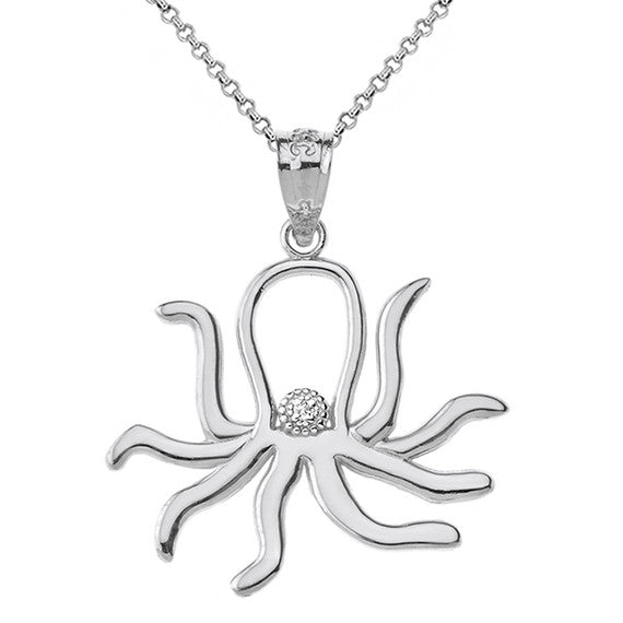 Solid Gold Octopus Outline Solitaire Pendant Necklace (Available in Yellow/Rose/White Gold)
