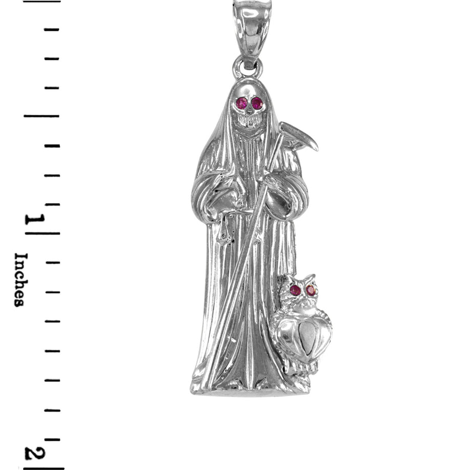 Sterling Silver Santa Muerte Red CZ Pendant