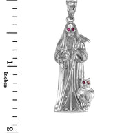 Sterling Silver Santa Muerte Red CZ Pendant
