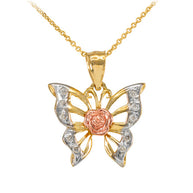 Gold Butterfly CZ Pendant Necklace(Available in Three-Tone and White Gold)