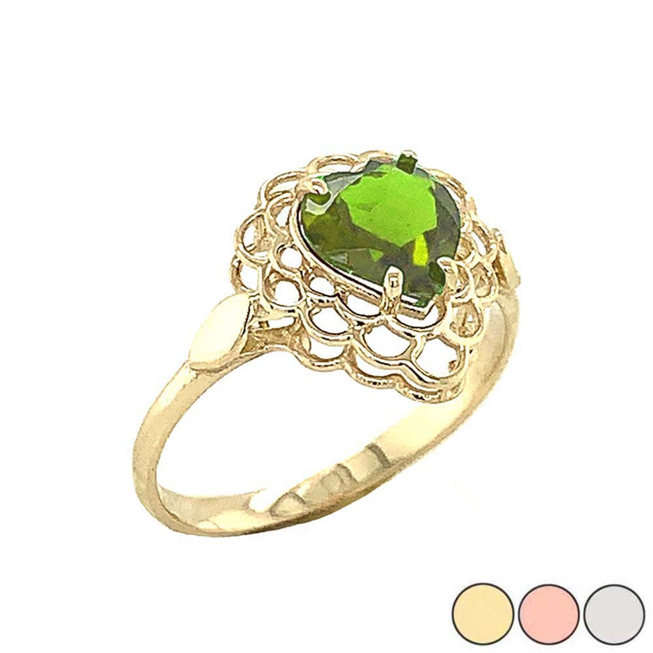 Gold Filigree Heart Cut Genuine Peridot Gemstone Ring (Available in Yellow/Rose/White Gold)