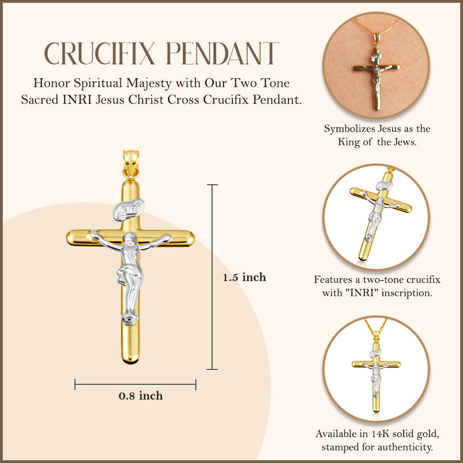 14K Two-Tone Gold Sacred INRI Jesus Christ Cross Crucifix Pendant Necklace