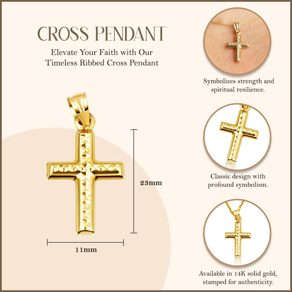 14K Yellow Gold Ribbed Cross Pendant Necklace