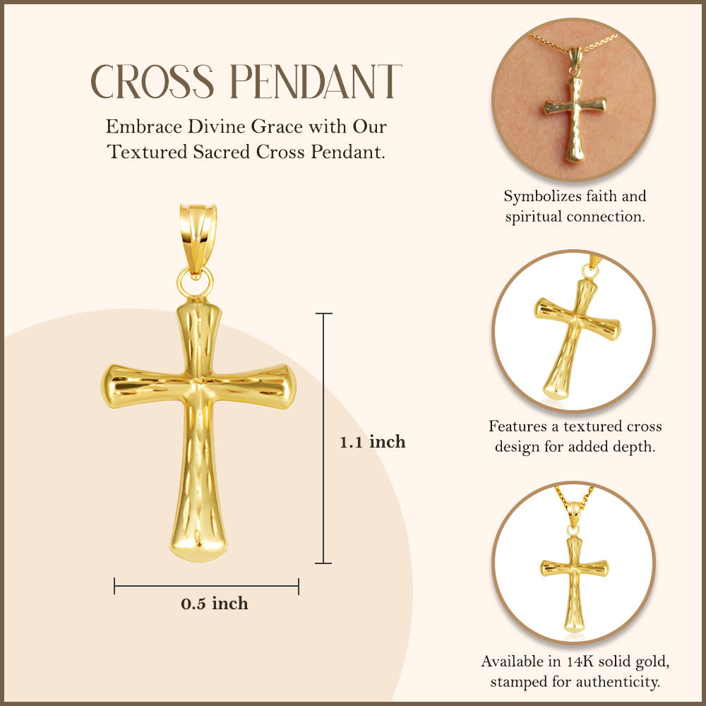 14K Yellow Gold Textured Sacred Cross Pendant Necklace