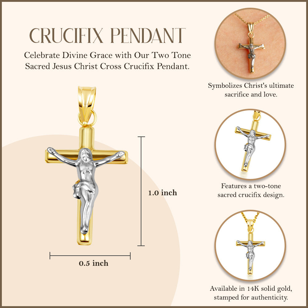 14K Two-Tone Gold Sacred Jesus Christ Cross Crucifix Pendant Necklace