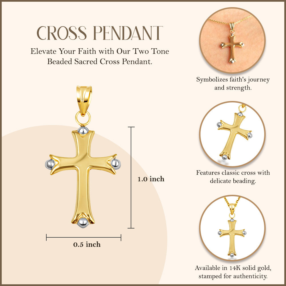 14K Two-Tone Gold Beaded Sacred Cross Pendant Necklace