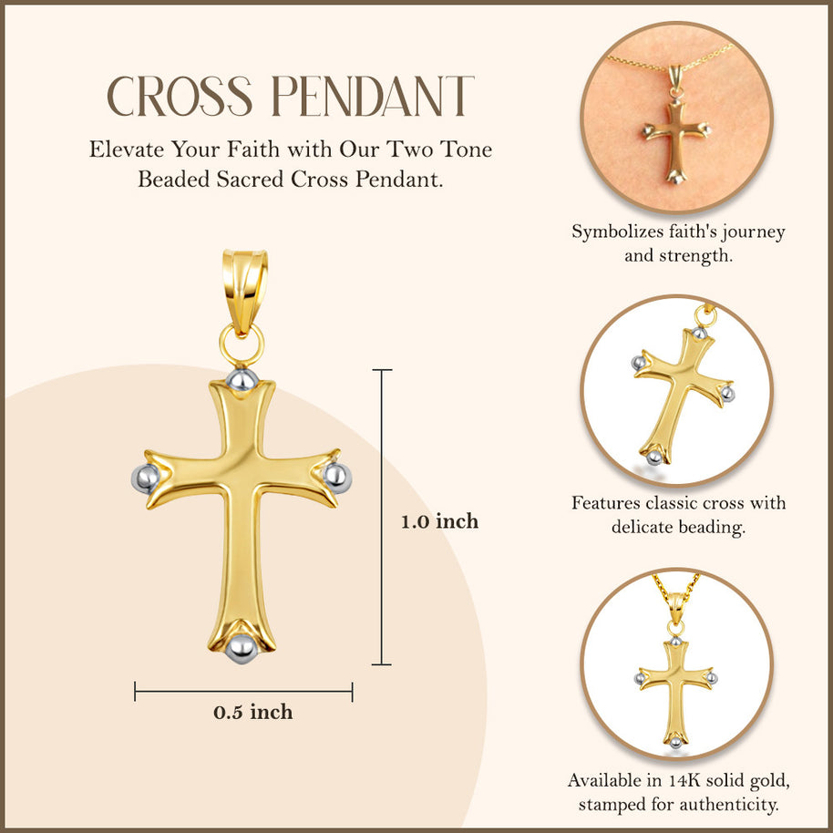 14K Two-Tone Gold Beaded Sacred Cross Pendant Necklace