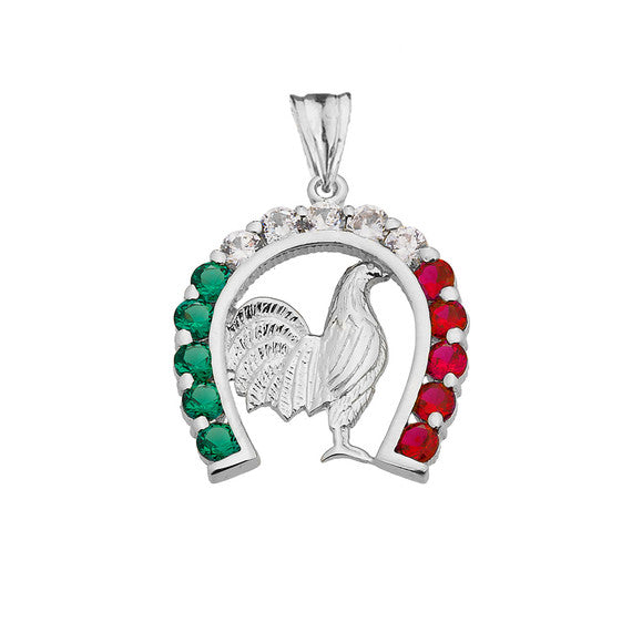 Mexican Horseshoe with Rooster Pendant Necklace in Sterling Silver