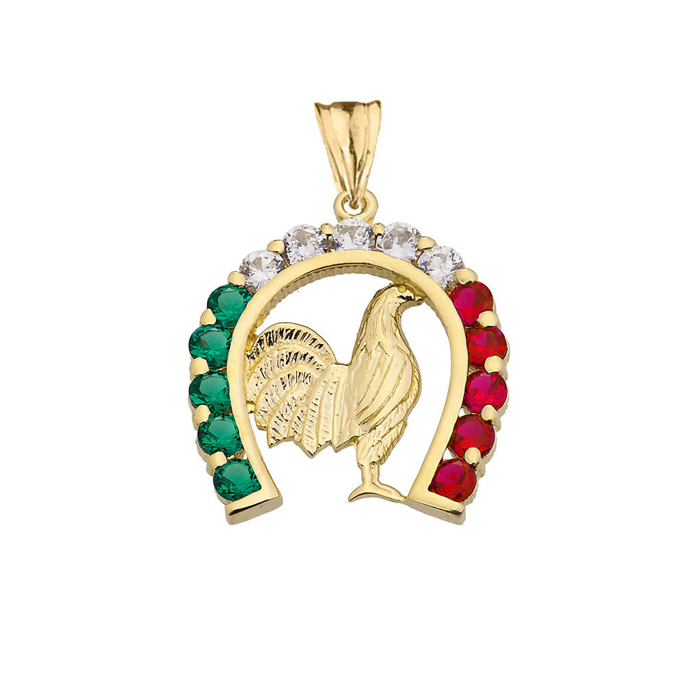 Solid Gold Mexican Horseshoe with Rooster Pendant Necklace (Available In Yellow/Rose/White Gold)