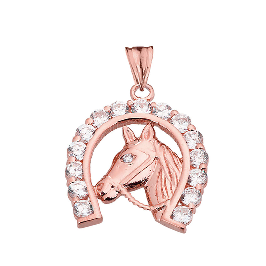 Solid Gold Lucky Horseshoe Statement Pendant Necklace With Cubic Zirconia (Available in Yellow/Rose/White Gold)