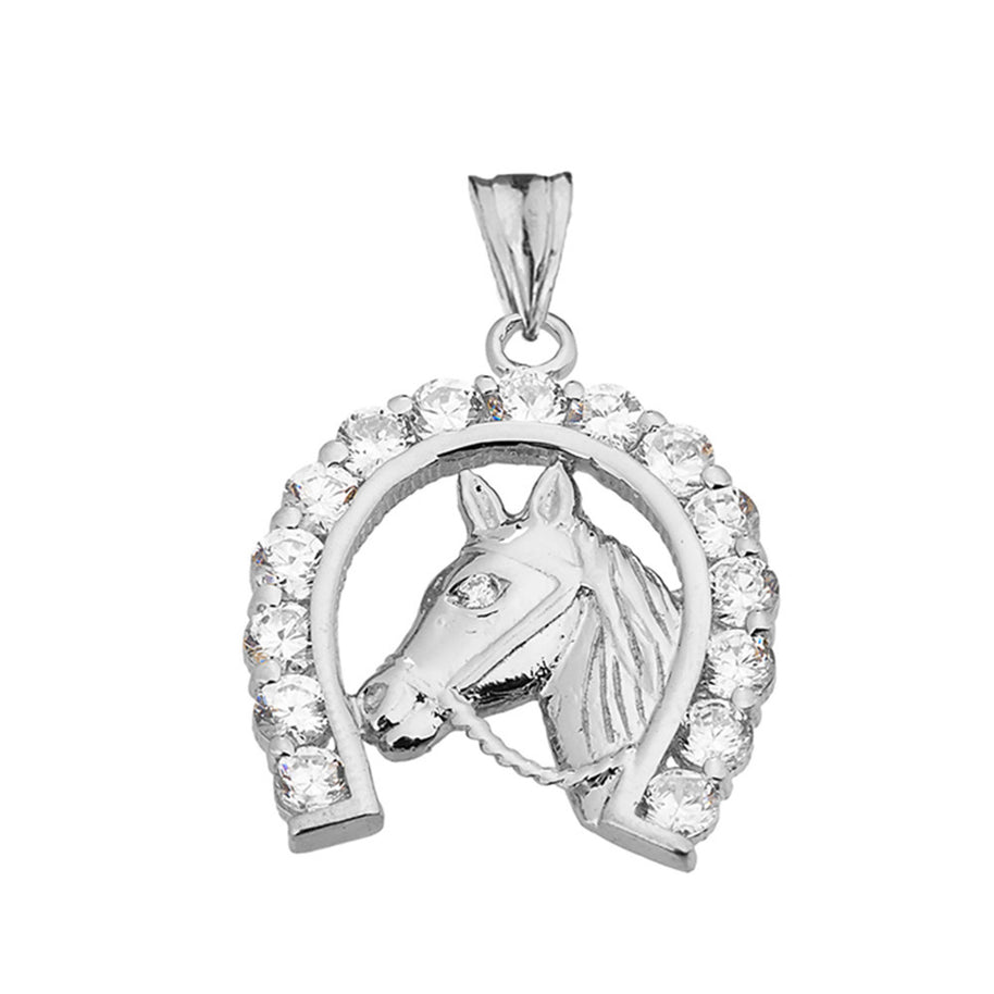 Solid Gold Lucky Horseshoe Statement Pendant Necklace With Cubic Zirconia (Available in Yellow/Rose/White Gold)
