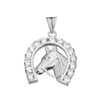 Solid Gold Lucky Horseshoe Statement Pendant Necklace With Cubic Zirconia (Available in Yellow/Rose/White Gold)