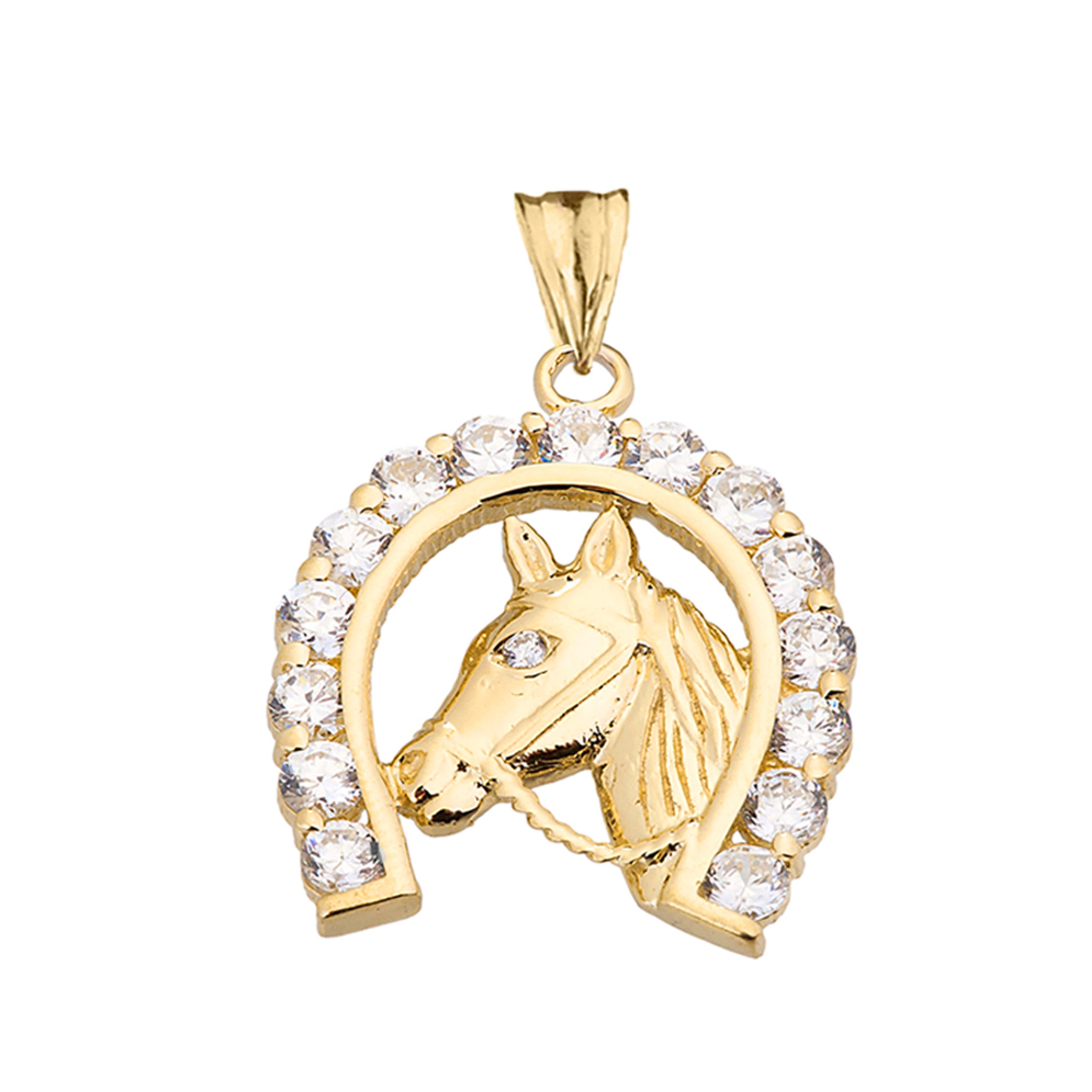 Solid Gold Lucky Horseshoe Statement Pendant Necklace With Cubic Zirconia (Available in Yellow/Rose/White Gold)