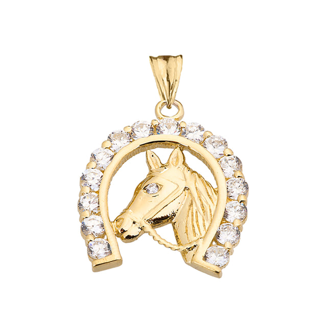 Solid Gold Lucky Horseshoe Statement Pendant Necklace With Cubic Zirconia (Available in Yellow/Rose/White Gold)