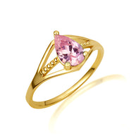 Gold Pear Cut Beaded Cubic Zirconia Birthstone Ring (Available in Yellow/Rose/White Gold)