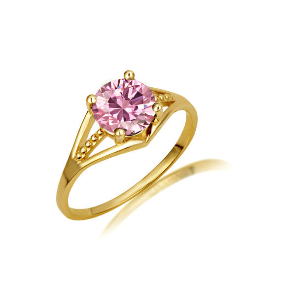 Gold Round Beaded Cubic Zirconia Birthstone Ring (Available in Yellow/Rose/White Gold)