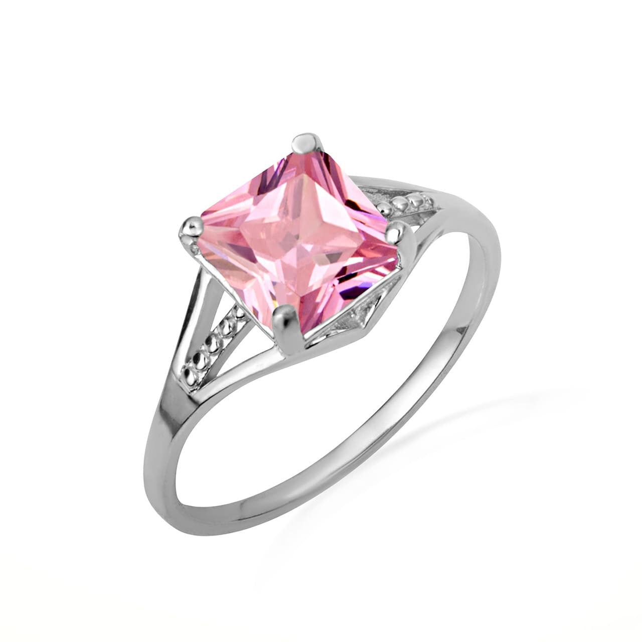 .925 Sterling Silver Square Cut Cubic Zirconia Birthstone Beaded Ring
