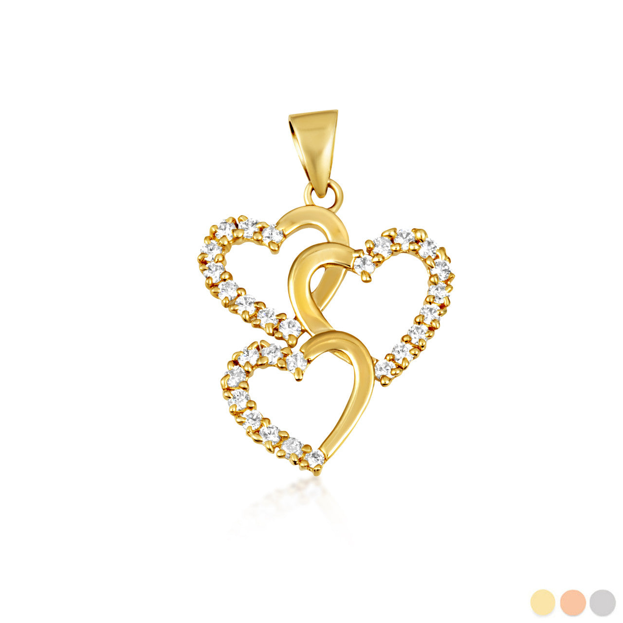 Gold Cubic Zirconia Triple Heart Pendant Necklace (Available in Yellow/Rose/White Gold)