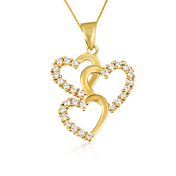 Gold Cubic Zirconia Triple Heart Pendant Necklace (Available in Yellow/Rose/White Gold)