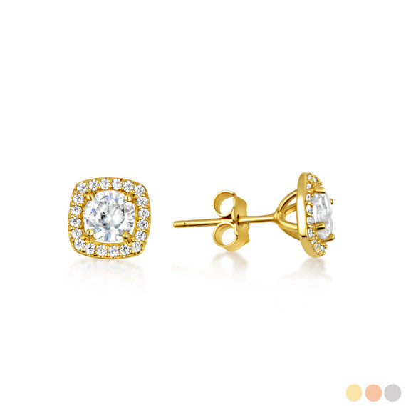 14K Gold Lab Grown 1ct Diamond Square Halo Solitaire Stud Earrings (Available in Yellow/Rose/White Gold)