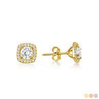 14K Gold Lab Grown 1ct Diamond Square Halo Solitaire Stud Earrings (Available in Yellow/Rose/White Gold)