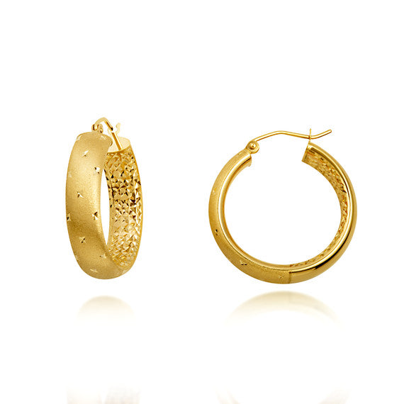 14K Yellow Gold Diamond Cut Satin Finish Hoop Earrings