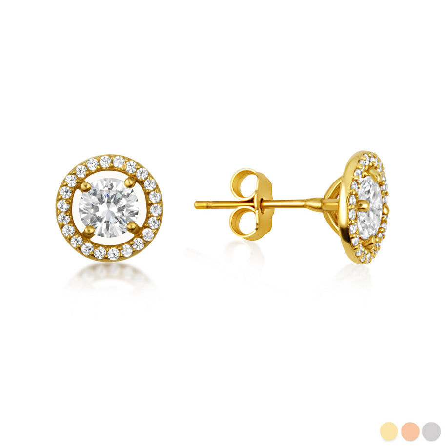 14K Gold Lab Grown 1ct Diamond Halo Solitaire Stud Earrings (Available in Yellow/Rose/White Gold)
