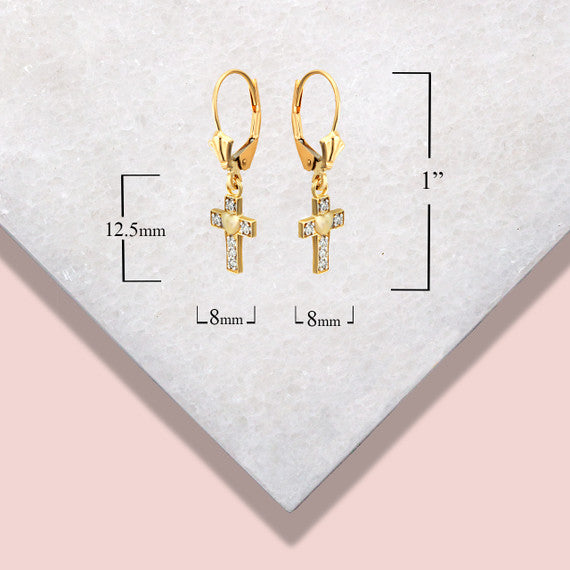 Gold Heart Cross Diamond Studded Love Earrings(Available in Yellow/Rose/White Gold)