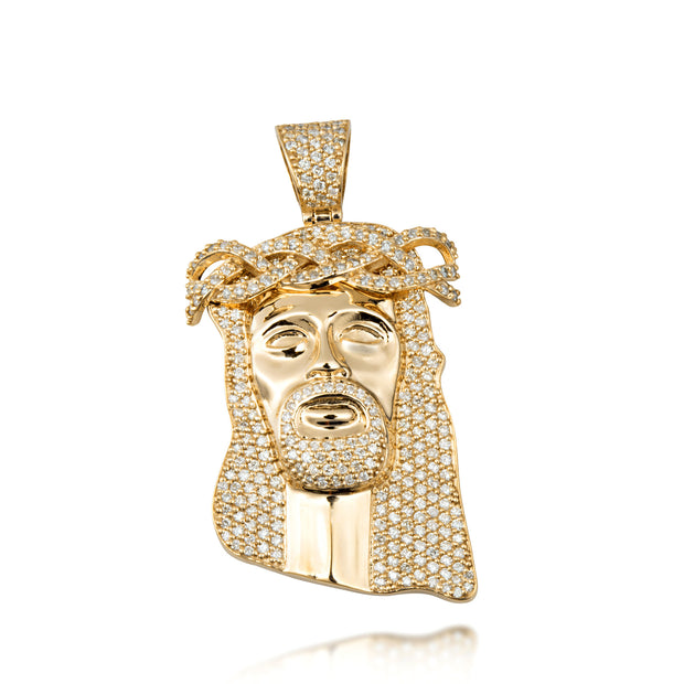 Yellow Gold Diamond Studded Jesus Christ Face Crown of Thorns Pendant Necklace (2.29")
