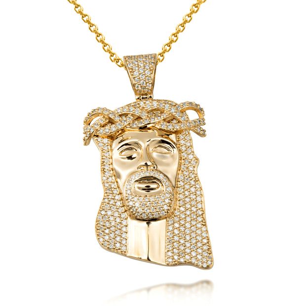 Yellow Gold Diamond Studded Jesus Christ Face Crown of Thorns Pendant Necklace (2.29")