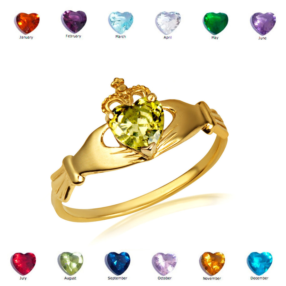 Gold Irish Celtic Claddagh Heart Birthstone Ring (Available in Yellow/White Gold)