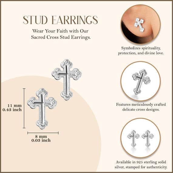 terling Silver Textured Sacred Cross Stud Earrings