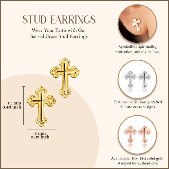Gold Textured Sacred Cross Stud Earrings