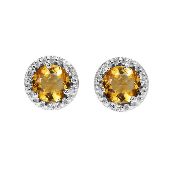 Gold Halo Stud Earrings with Solitaire Citrine and Diamonds(Available in Yellow/White Gold)