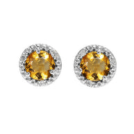 Gold Halo Stud Earrings with Solitaire Citrine and Diamonds(Available in Yellow/White Gold)