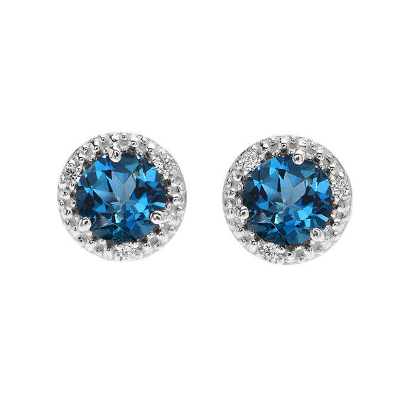 Gold Halo Stud Earrings Gold with Solitaire London Blue Topaz and Diamonds(Available in Yellow/White Gold)