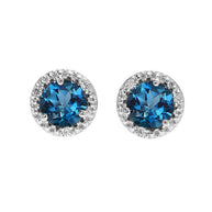 Gold Halo Stud Earrings Gold with Solitaire London Blue Topaz and Diamonds(Available in Yellow/White Gold)